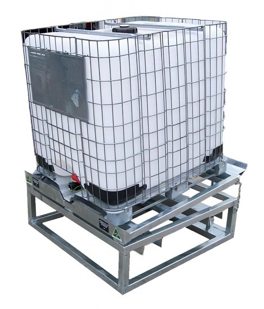 IBC Cube Drainer Stand with spring-tilt base handling a 1000 L IBC container