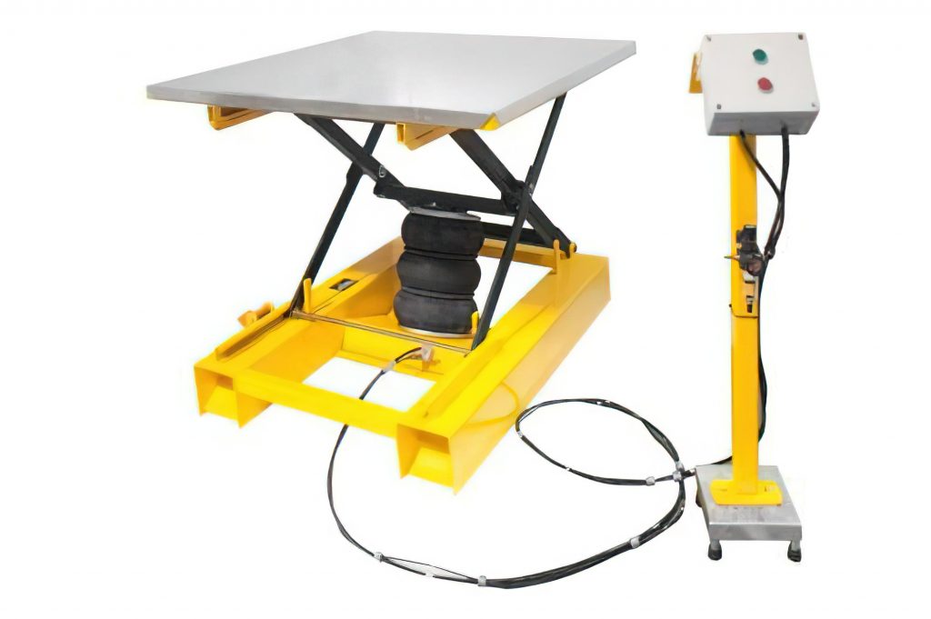 Yellow pneumatic air bag pallet elevator with flat platform and scissor lift mechanism
