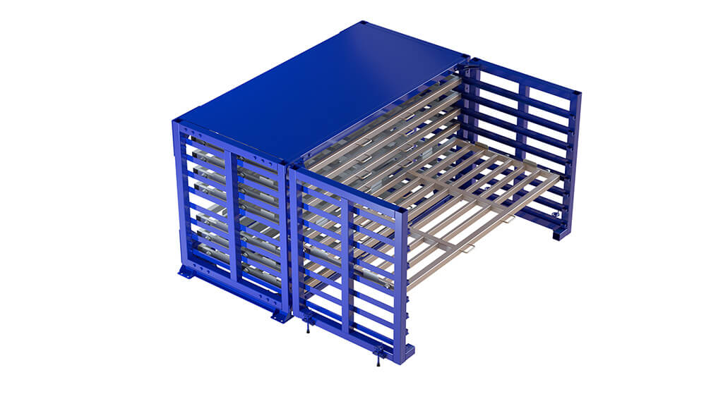 Forklift-friendly flat sheet metal racking system in industrial use